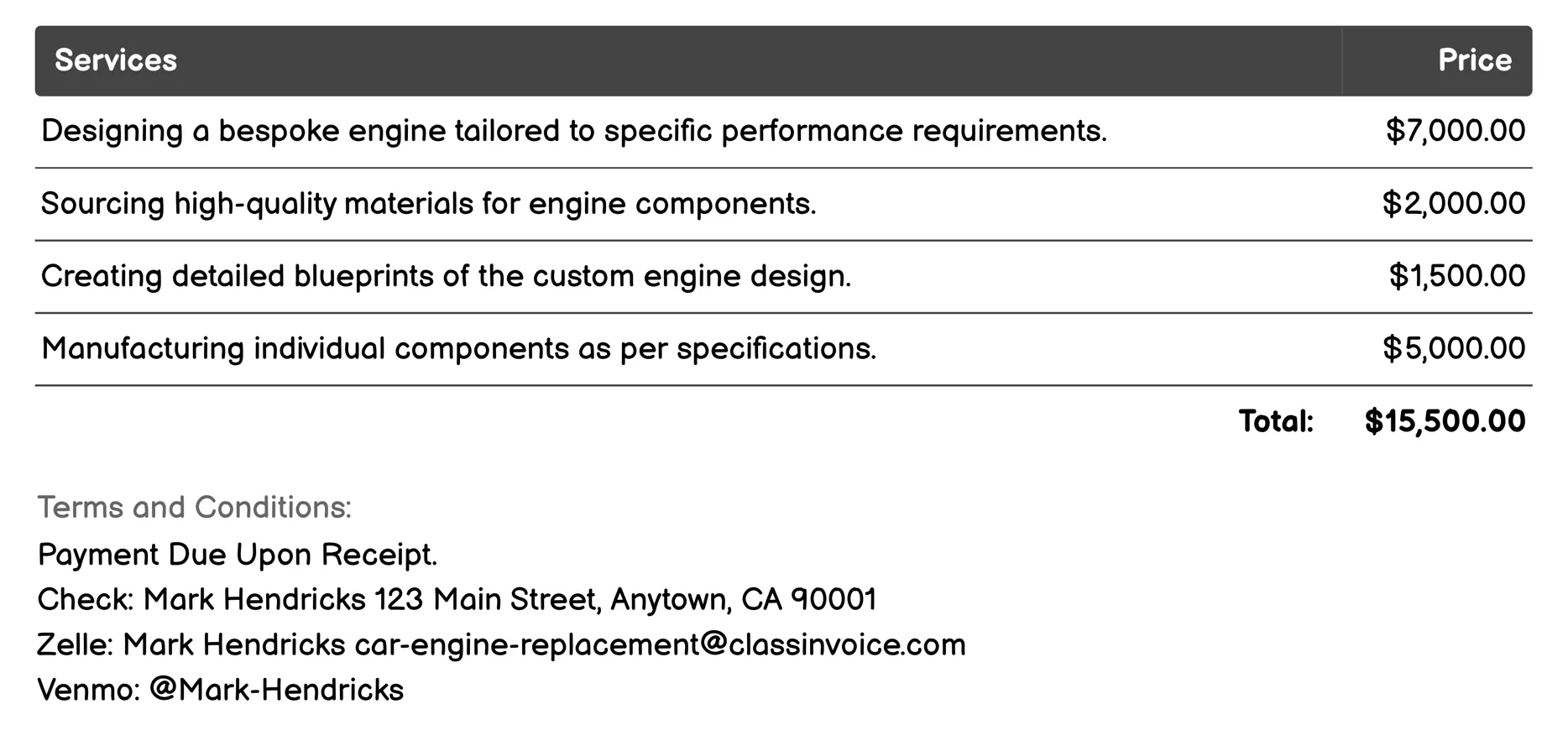Custom Engine Fabrication Invoice Example