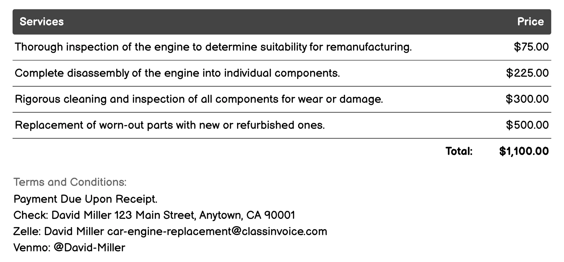 Engine Remanufacturing Service Invoice Example