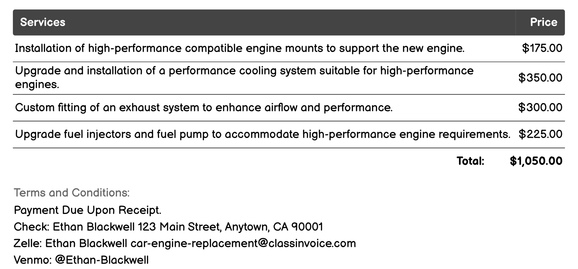 High-Performance Engine Upgrade Invoice Example