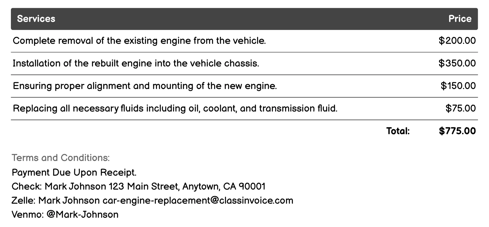 Rebuilt Engine Service Invoice Example