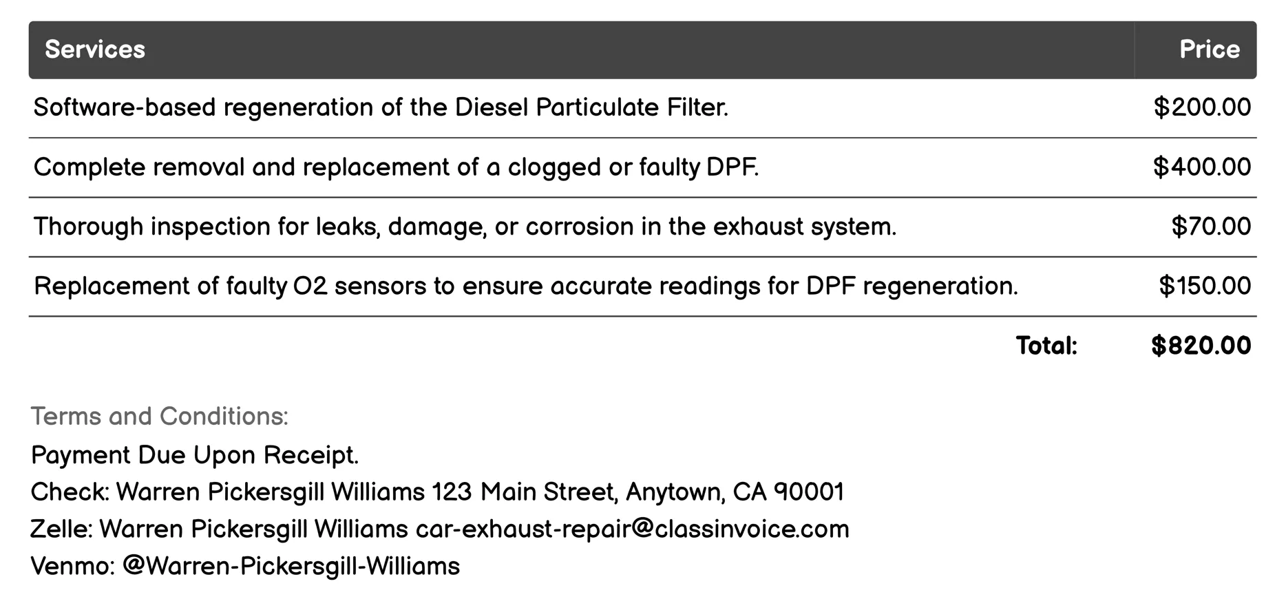 DPF Regeneration or Replacement Invoice Example