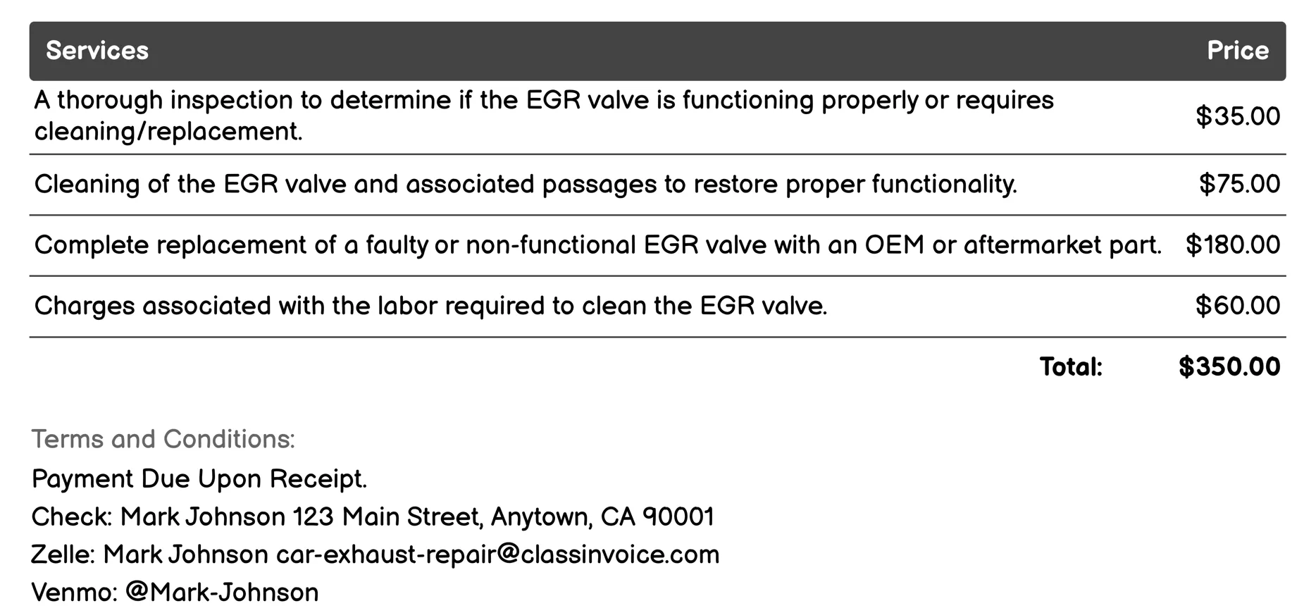EGR Valve Cleaning or Replacement Invoice Example