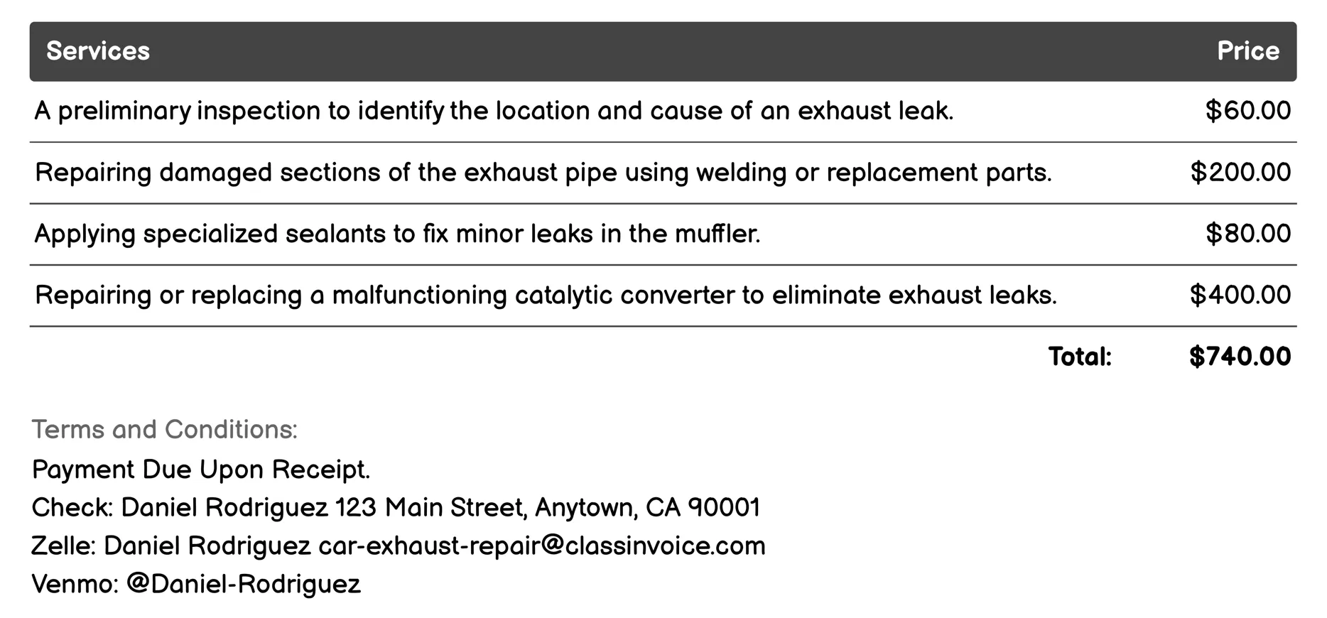 Exhaust Leak Repair Invoice Example