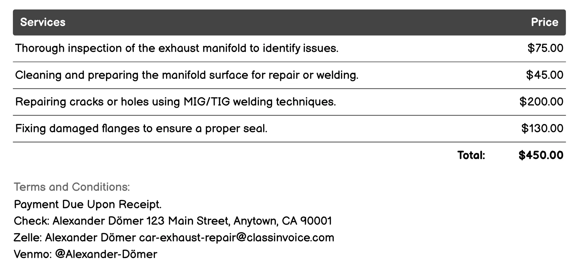 Exhaust Manifold Repair Invoice Example