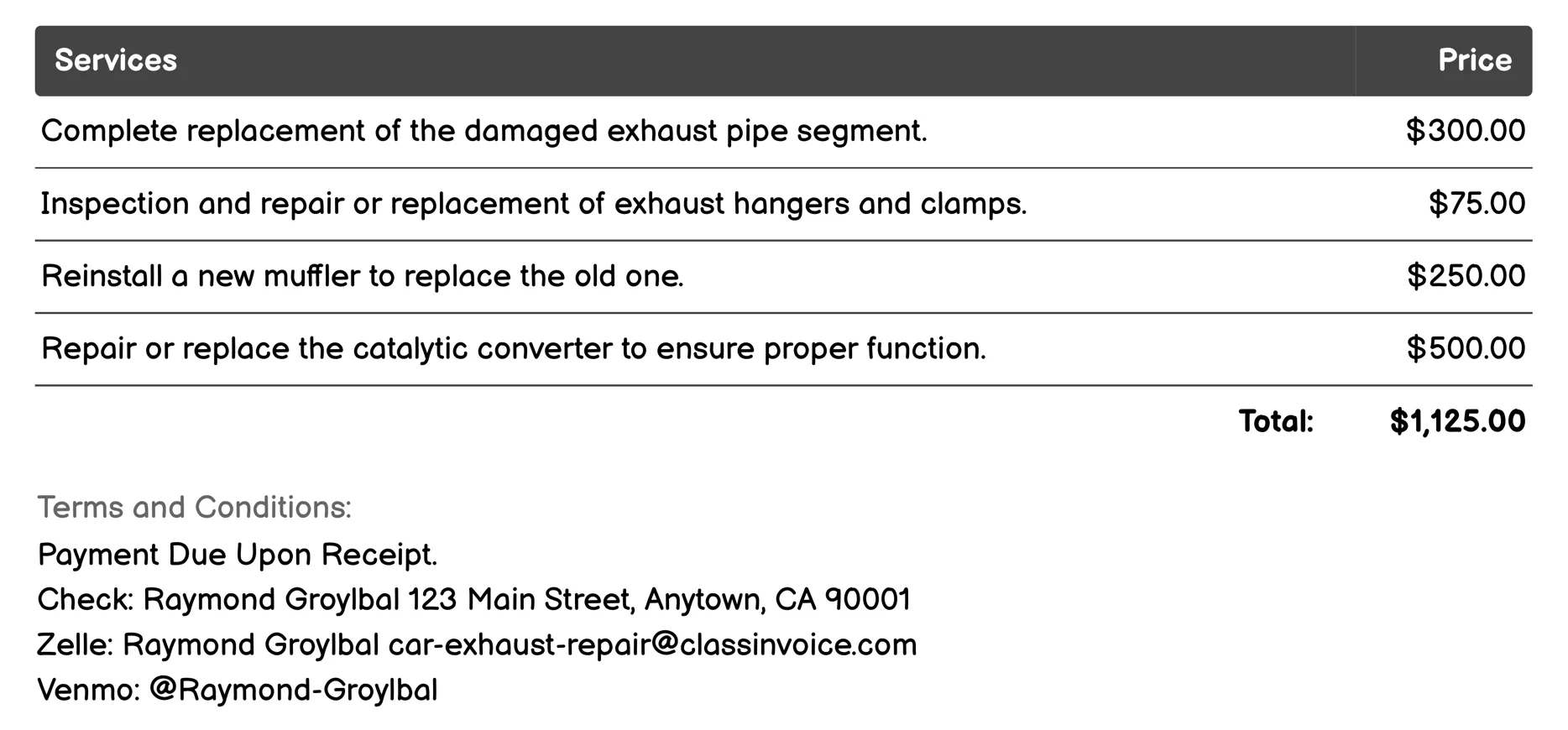 Exhaust Pipe Repair Invoice Example
