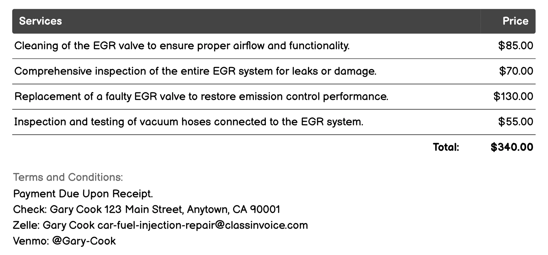 EGR System Inspection Invoice Example