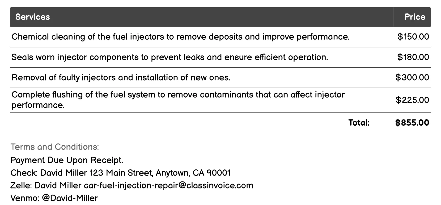 Fuel Injector Cleaning Invoice Example