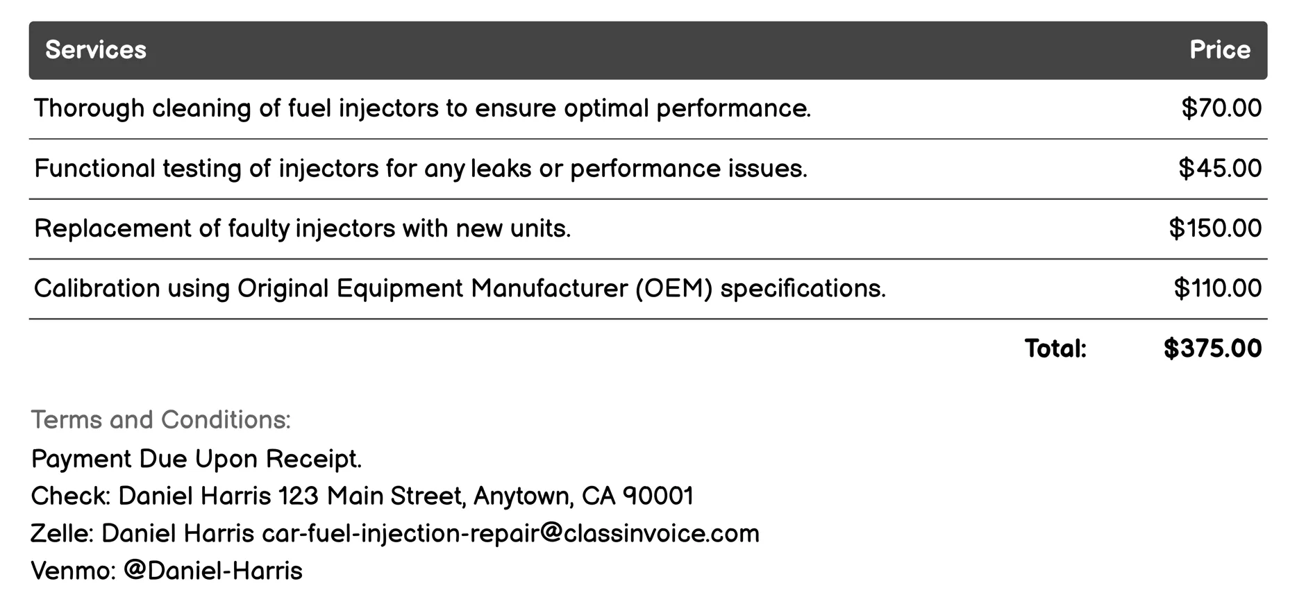 Injector Calibration Invoice Example