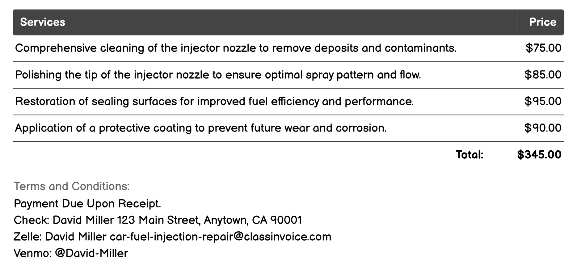 Injector Nozzle Reconditioning Invoice Example