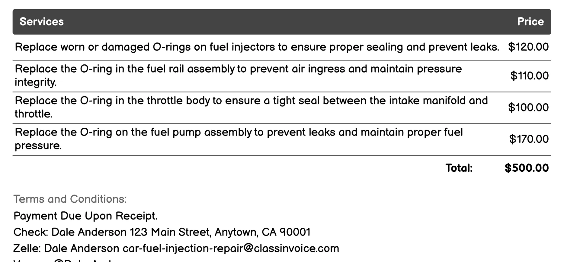O-ring Replacement Invoice Example
