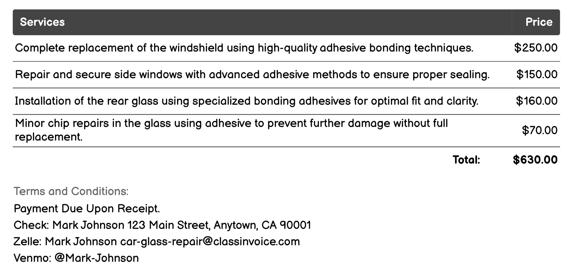 Adhesive Bonding Invoice Example