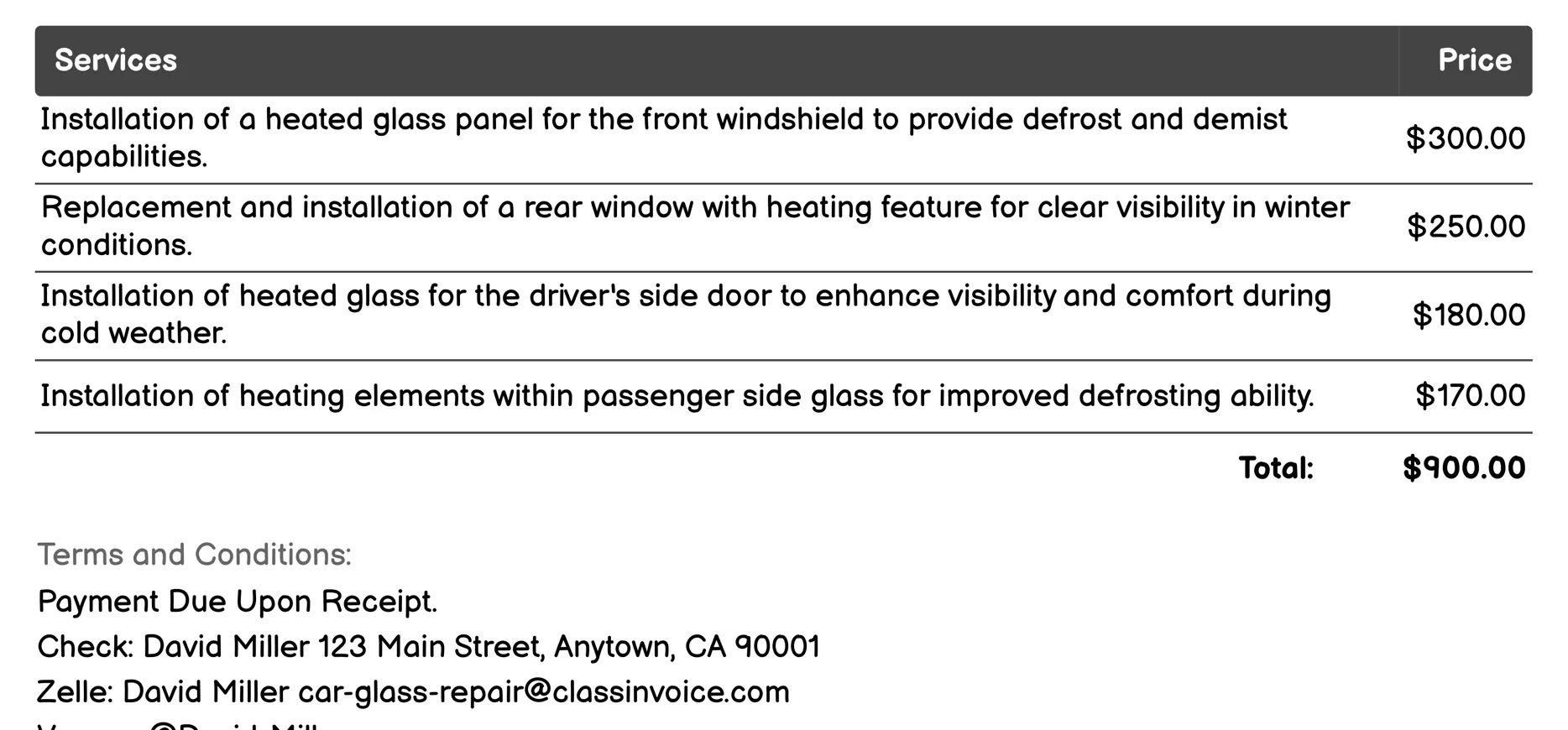 Heated Glass Installation Invoice Example