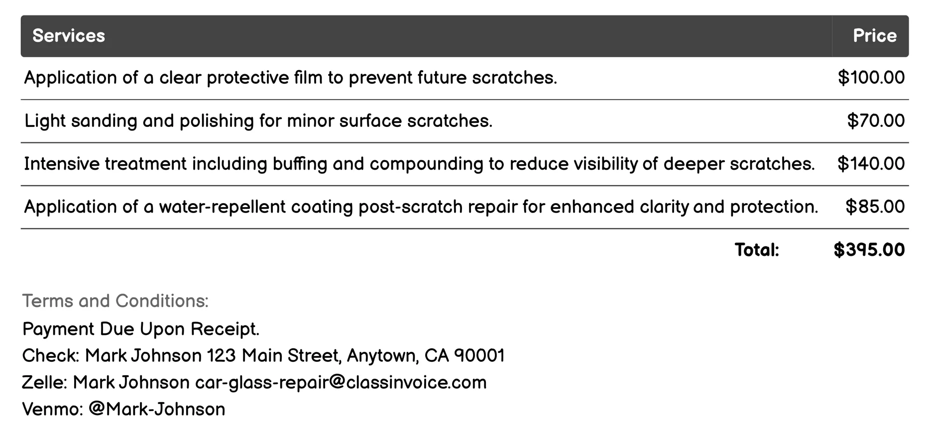 Scratch Repair Invoice Example