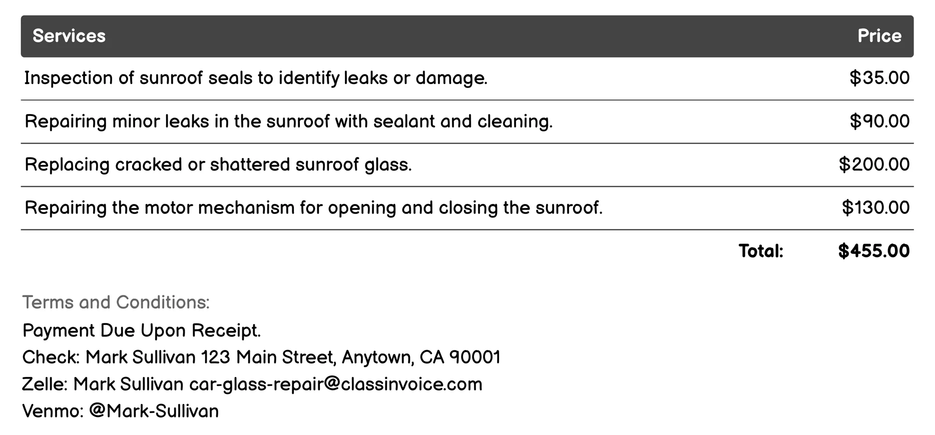 Sunroof Repair or Replacement Invoice Example