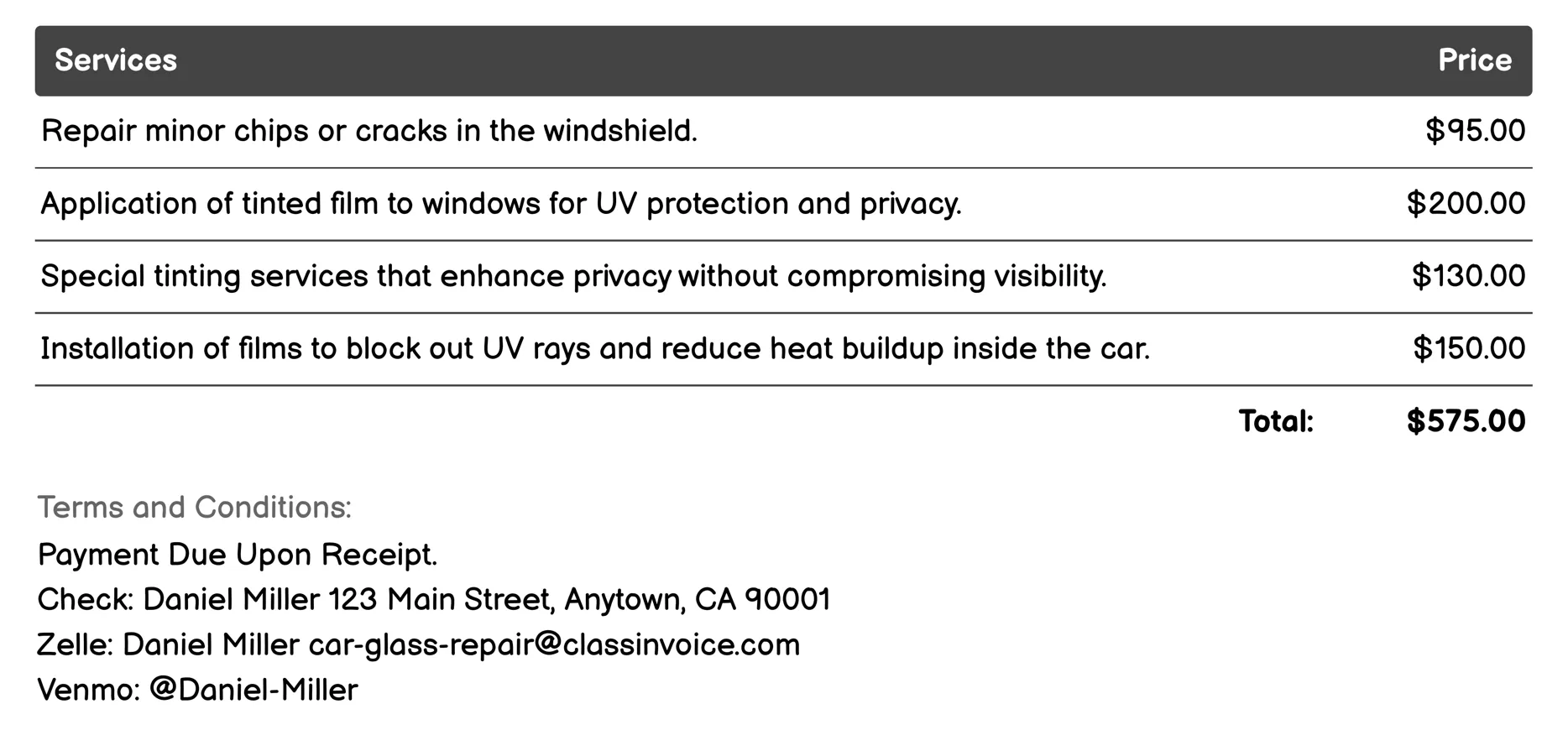 Window Tinting and Films Invoice Example