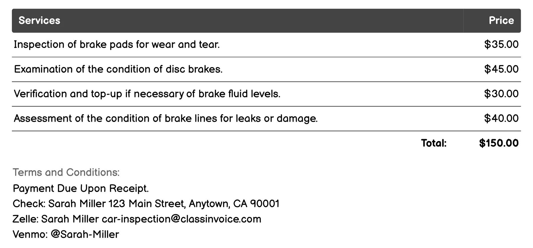 Brake System Inspection Invoice Example