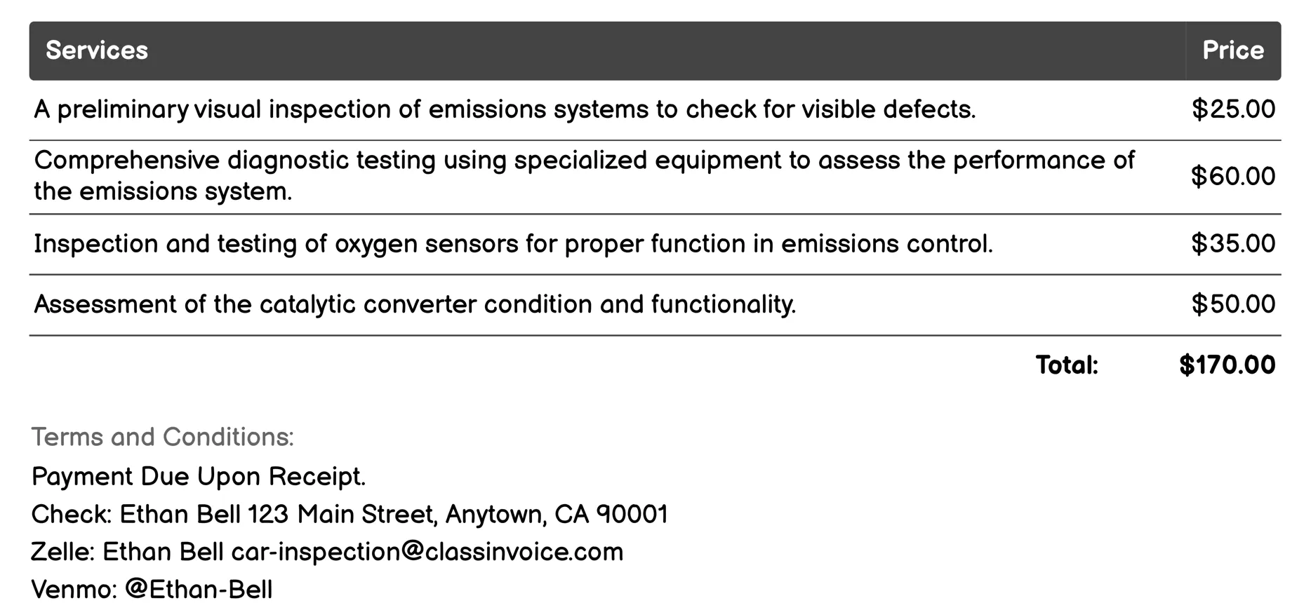 Emissions Test Invoice Example