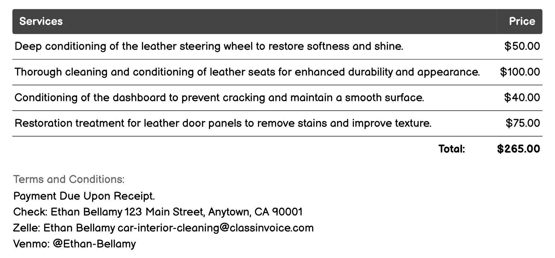 Leather Conditioning Invoice Example