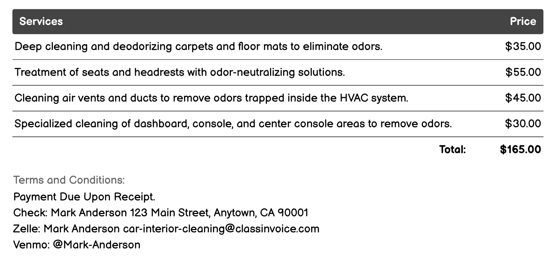 Odor Removal Invoice Example