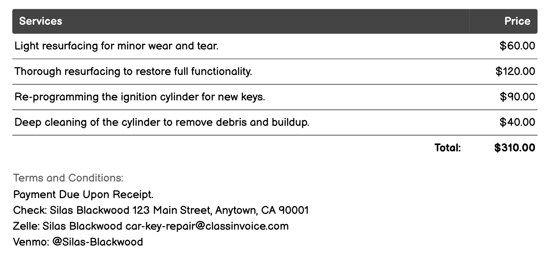 Ignition Cylinder Resurfacing Invoice Example