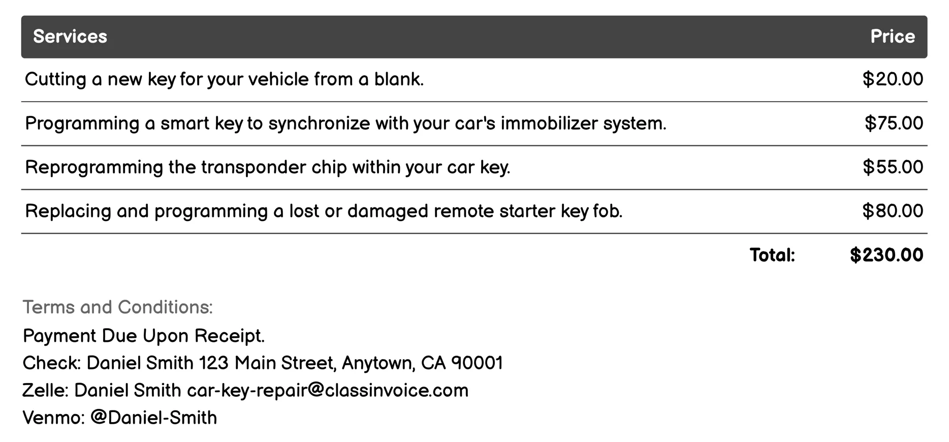 Key Cutting and Programming Invoice Example