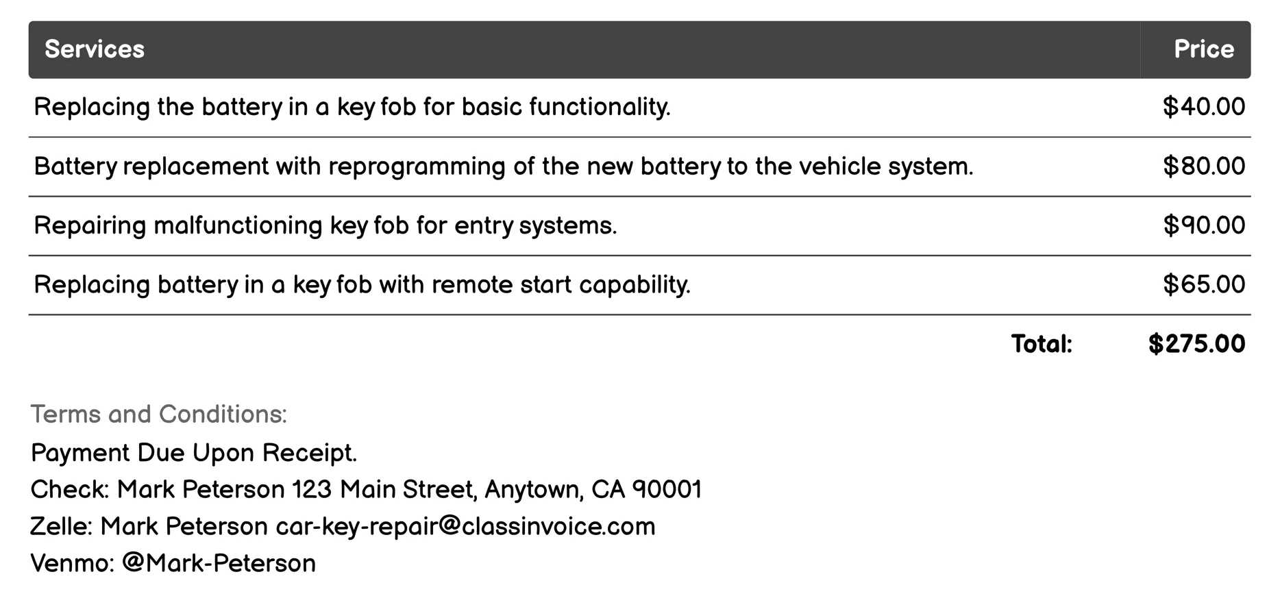 Key Fob Battery Replacement Invoice Example
