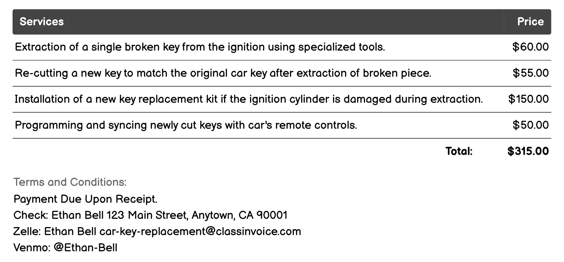Broken Key Extraction & Replacement Invoice Example