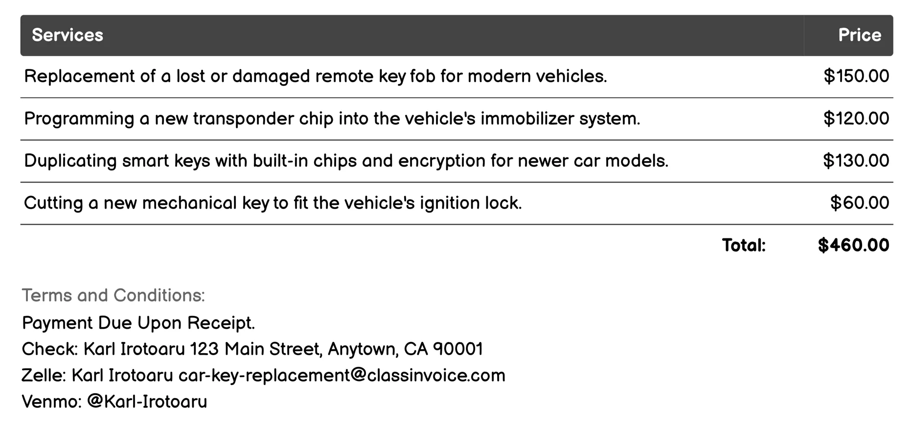 Key Duplication Service Invoice Example