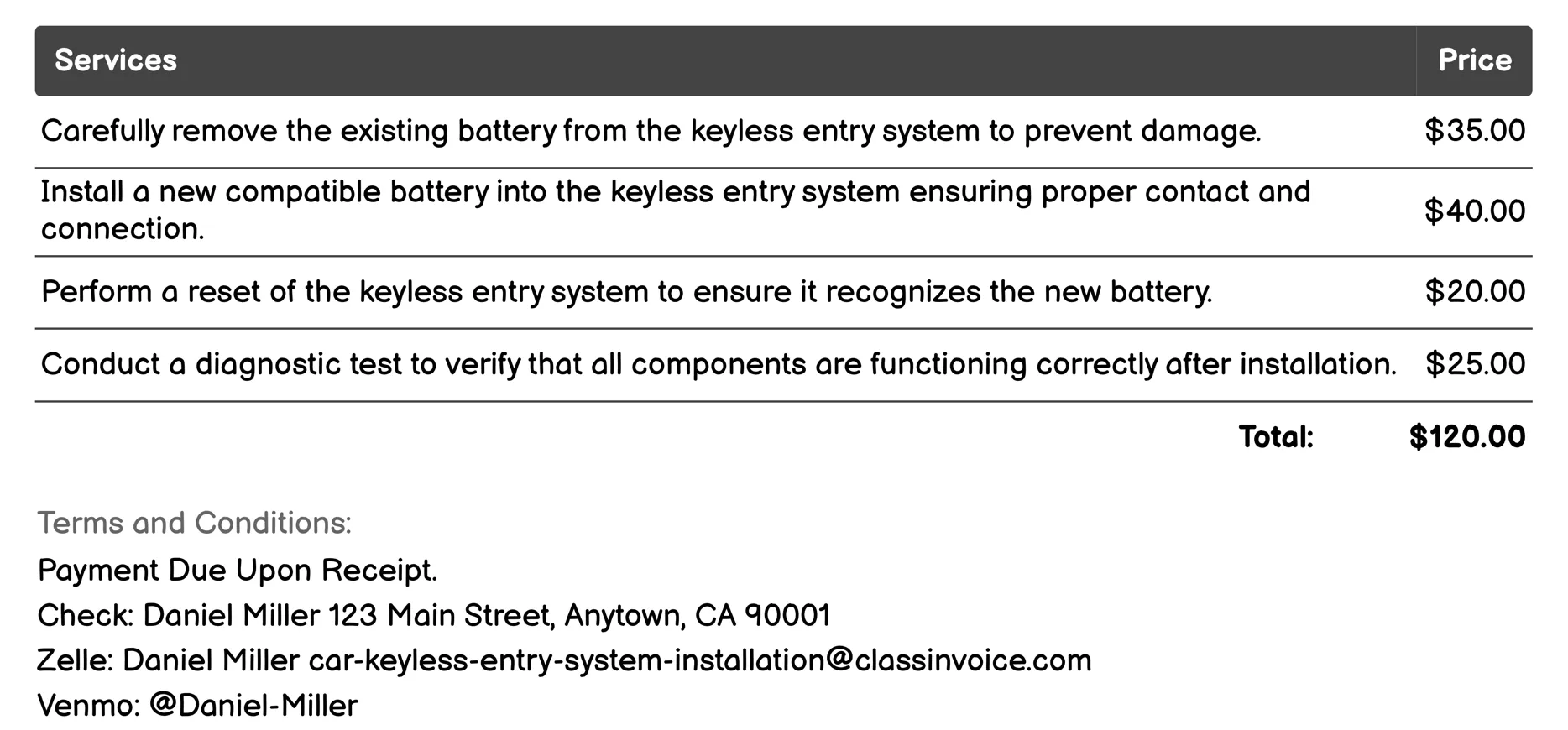 Battery Replacement Invoice Example