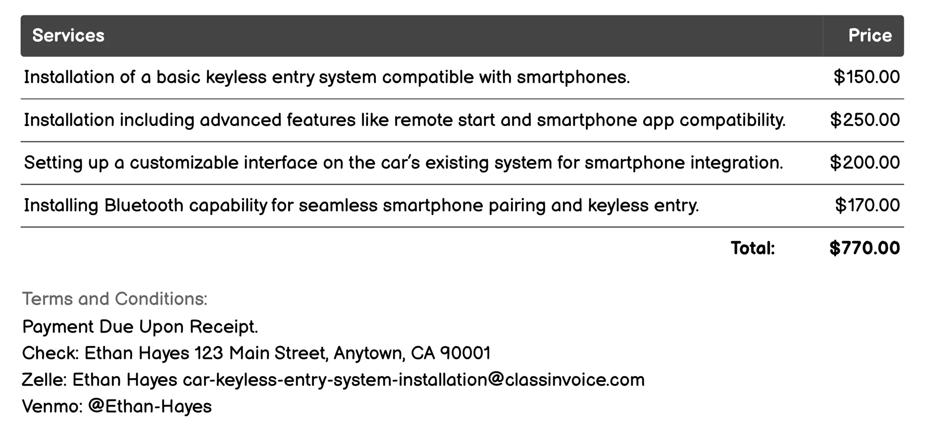 Smartphone Integration Invoice Example