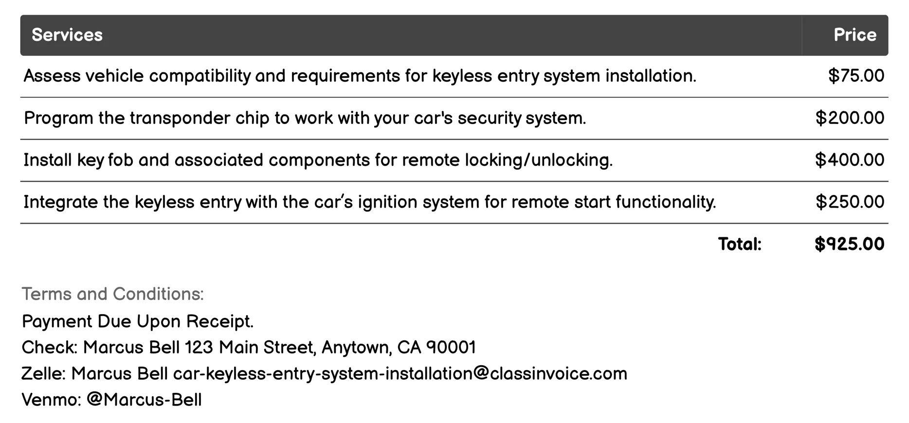 Transponder Key Installation Invoice Example