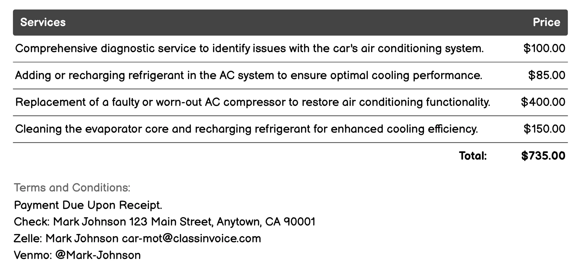 Air Conditioning Repair Invoice Example