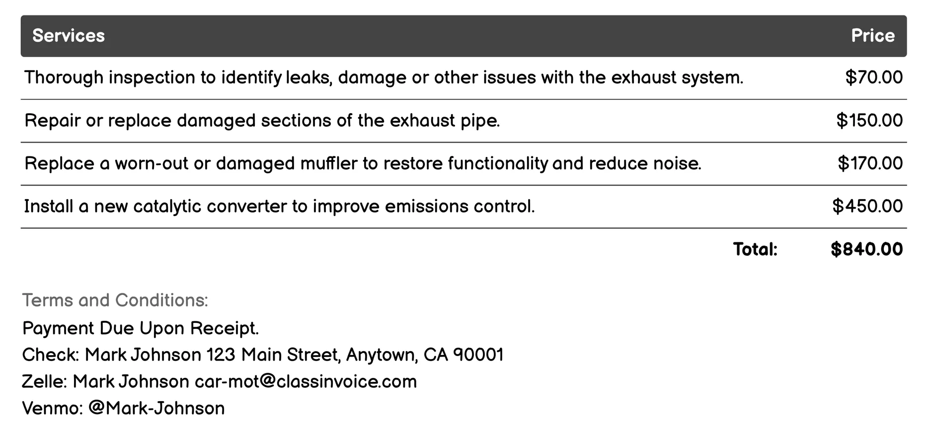 Exhaust System Repair Invoice Example