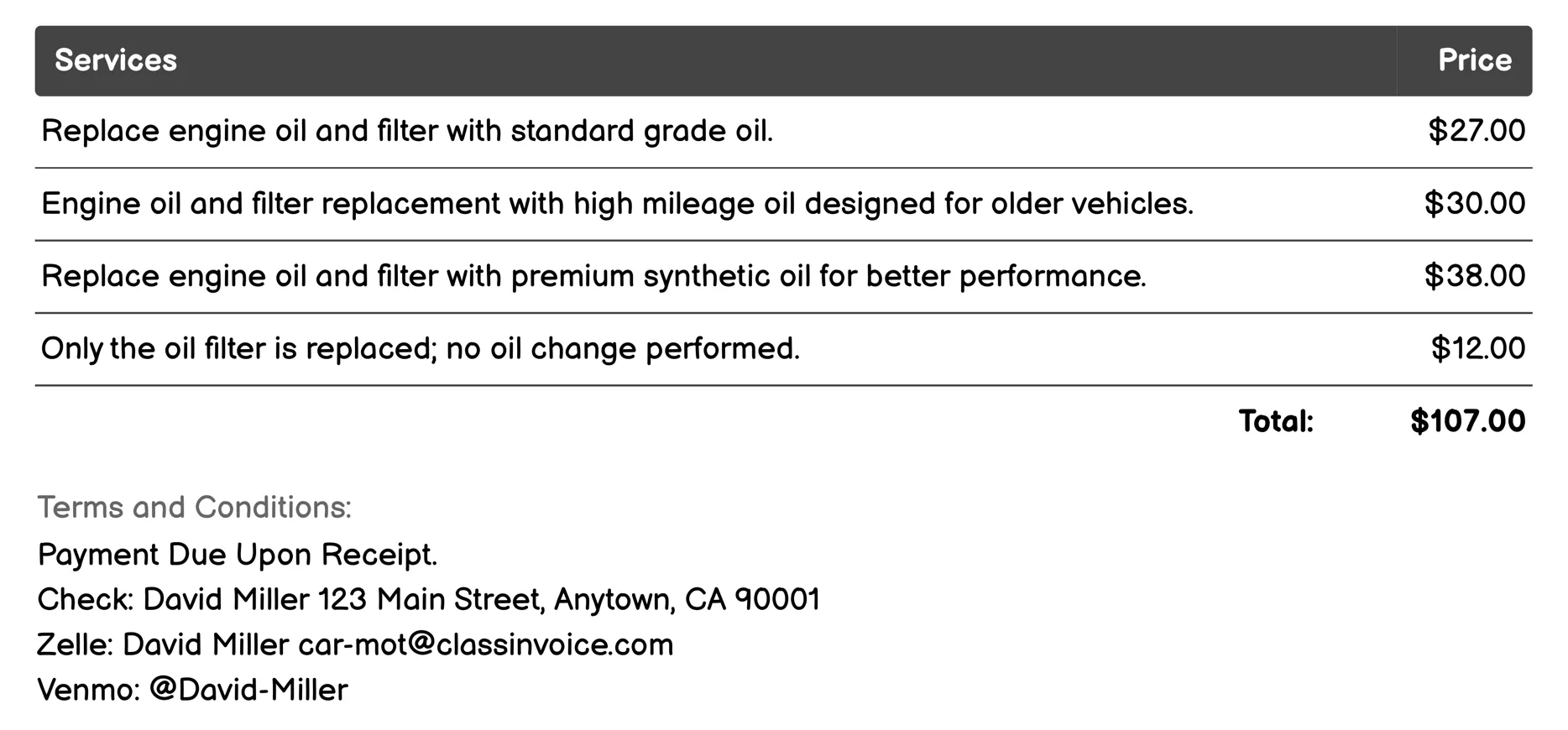 Oil Change Invoice Example