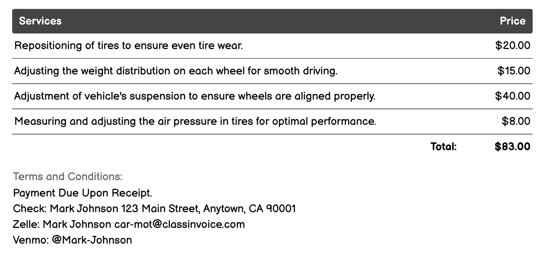 Tire Service Invoice Example