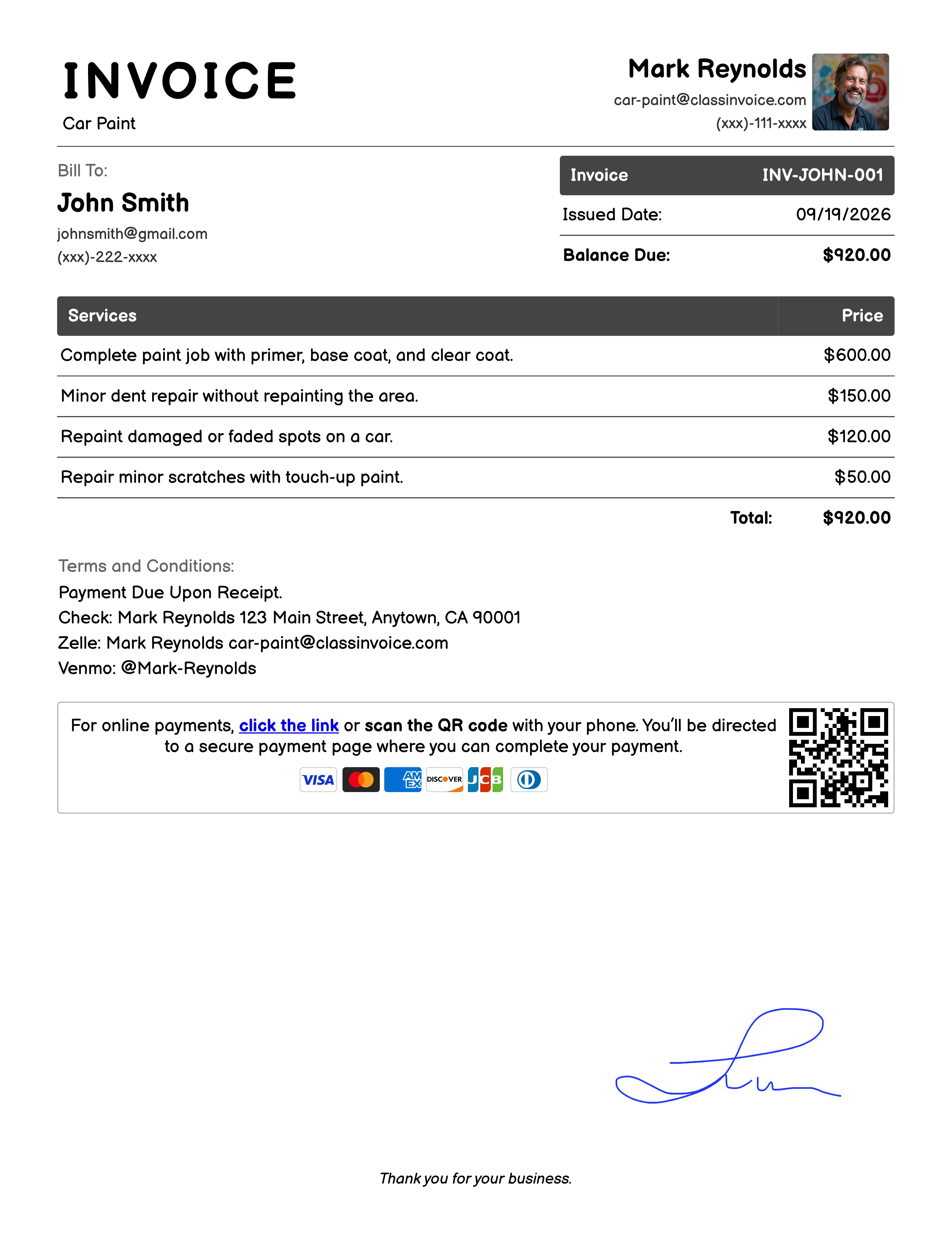Car Paint Invoice Example