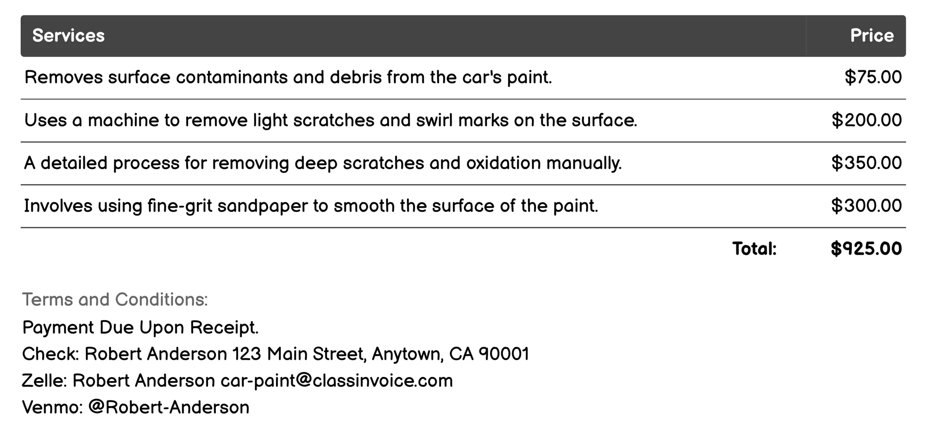 Paint Correction Invoice Example
