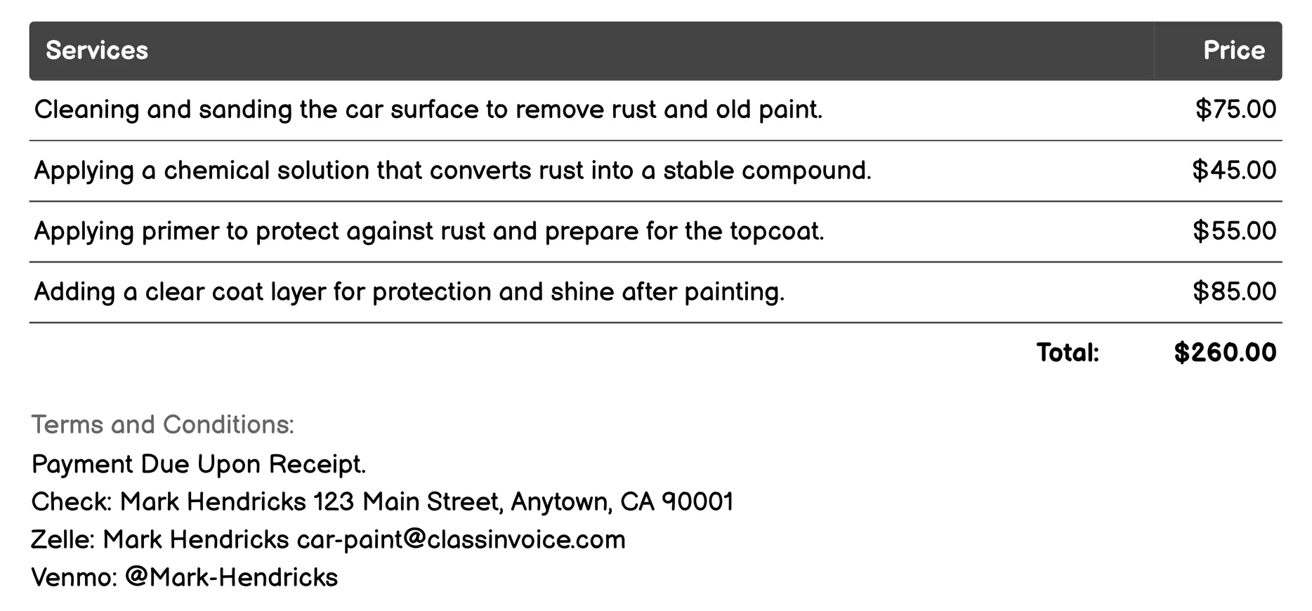 Rust Prevention and Treatment Invoice Example