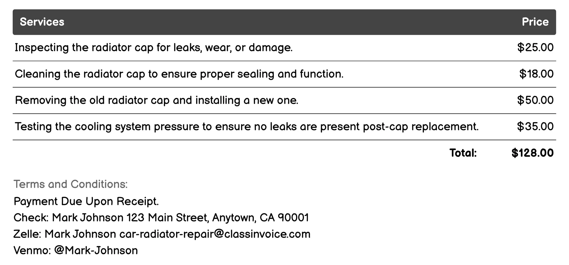 Radiator Cap Replacement Invoice Example