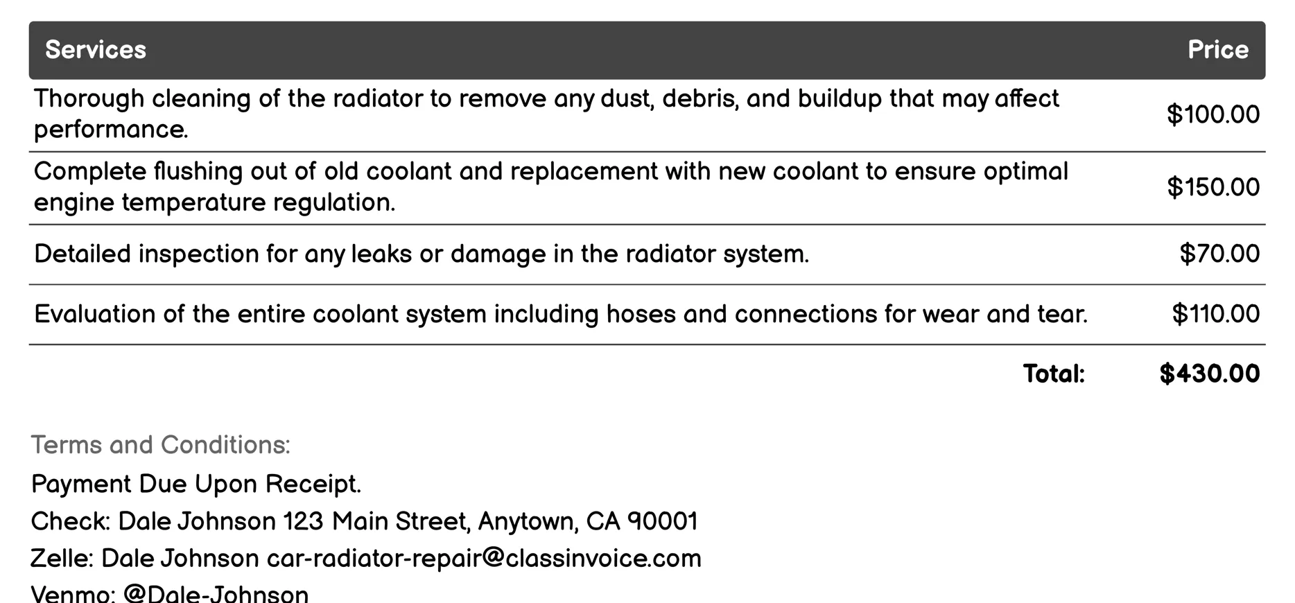 Radiator Cleaning/Flush Invoice Example