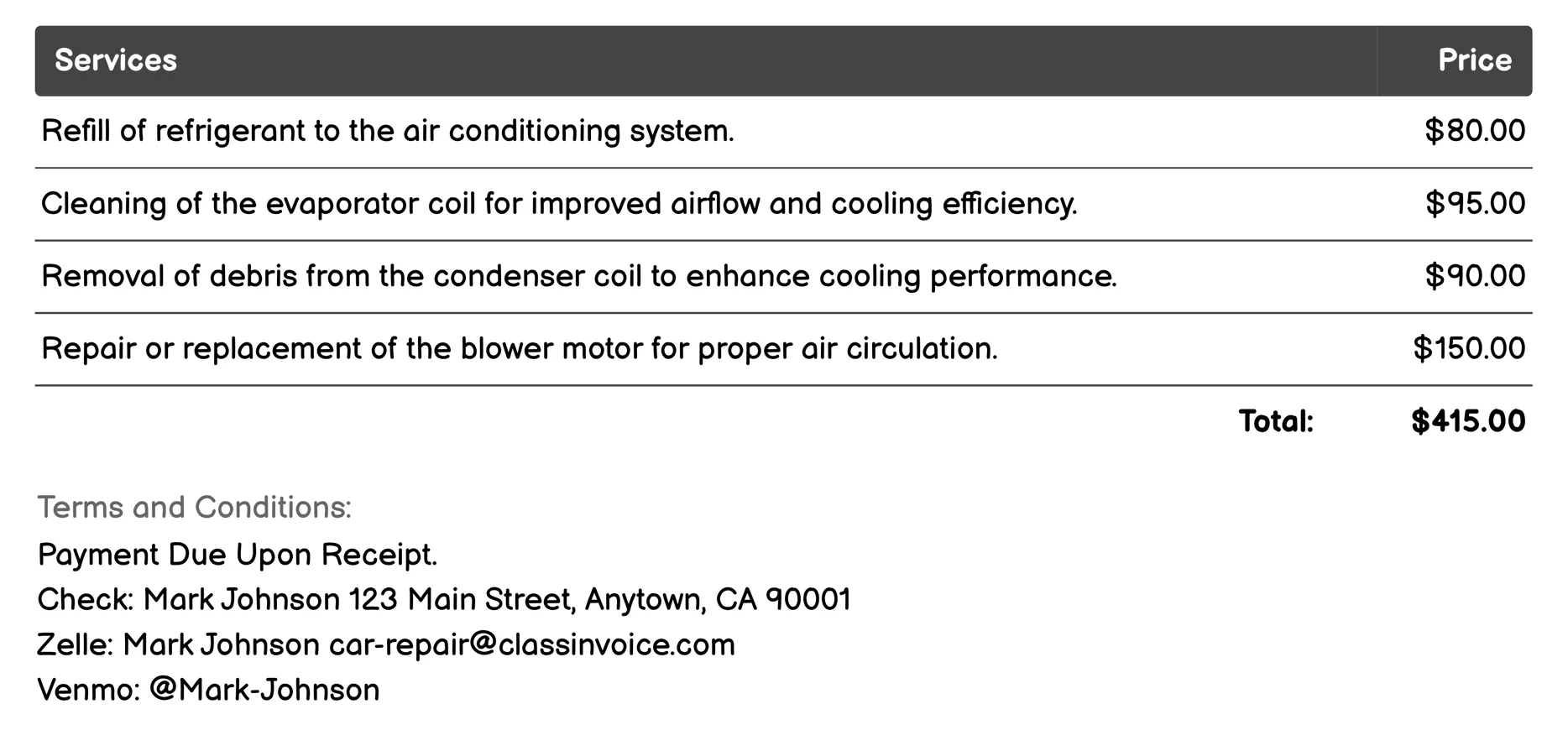 Air Conditioning Service Invoice Example