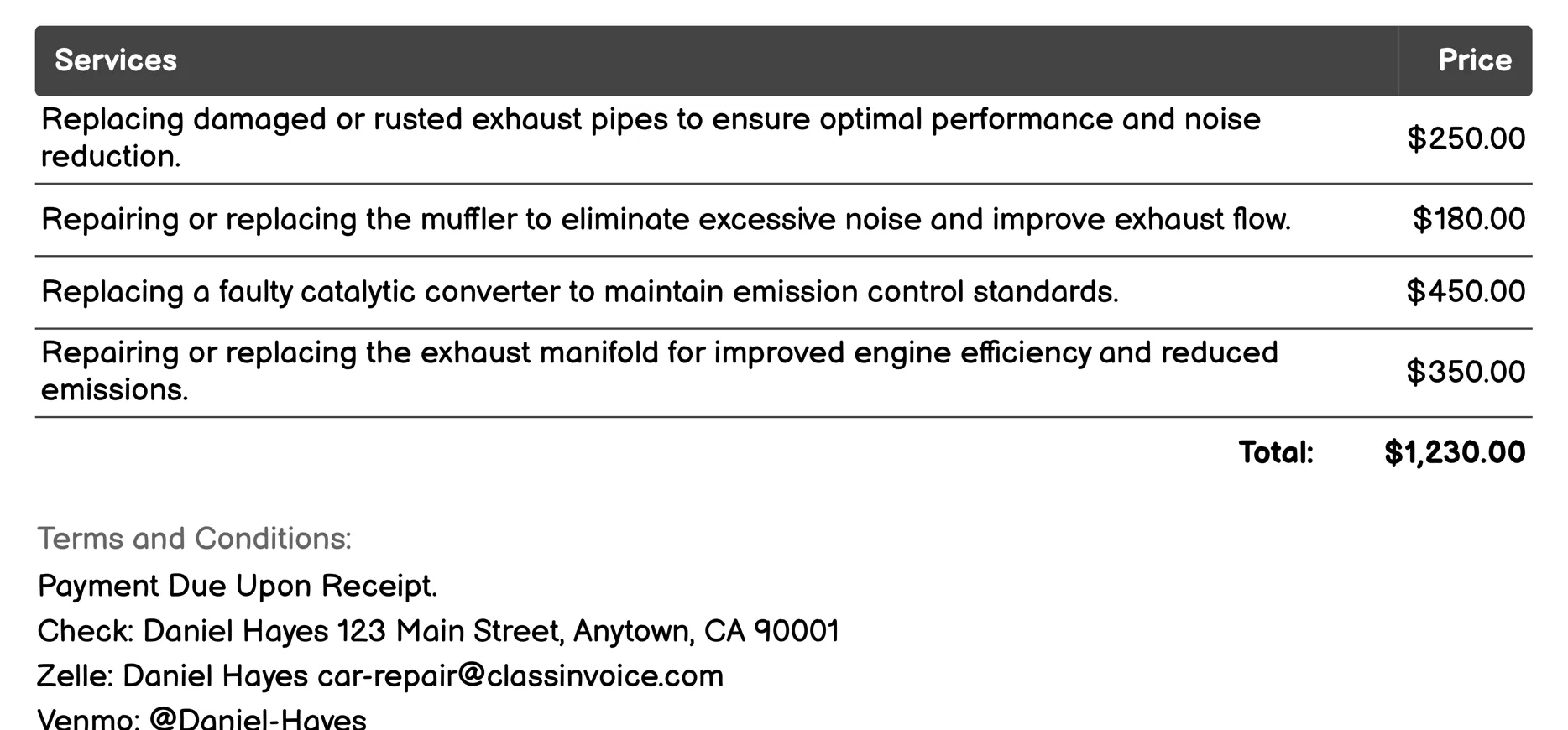 Exhaust System Repair Invoice Example