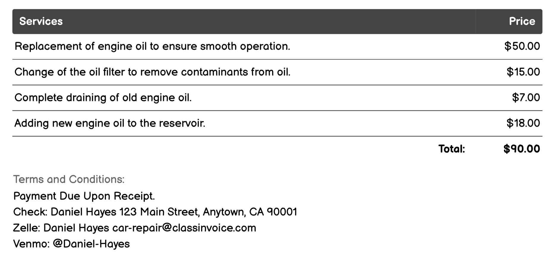 Oil Change Invoice Example