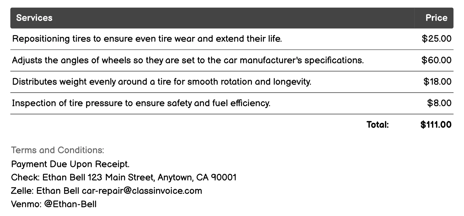 Tire Service Invoice Example