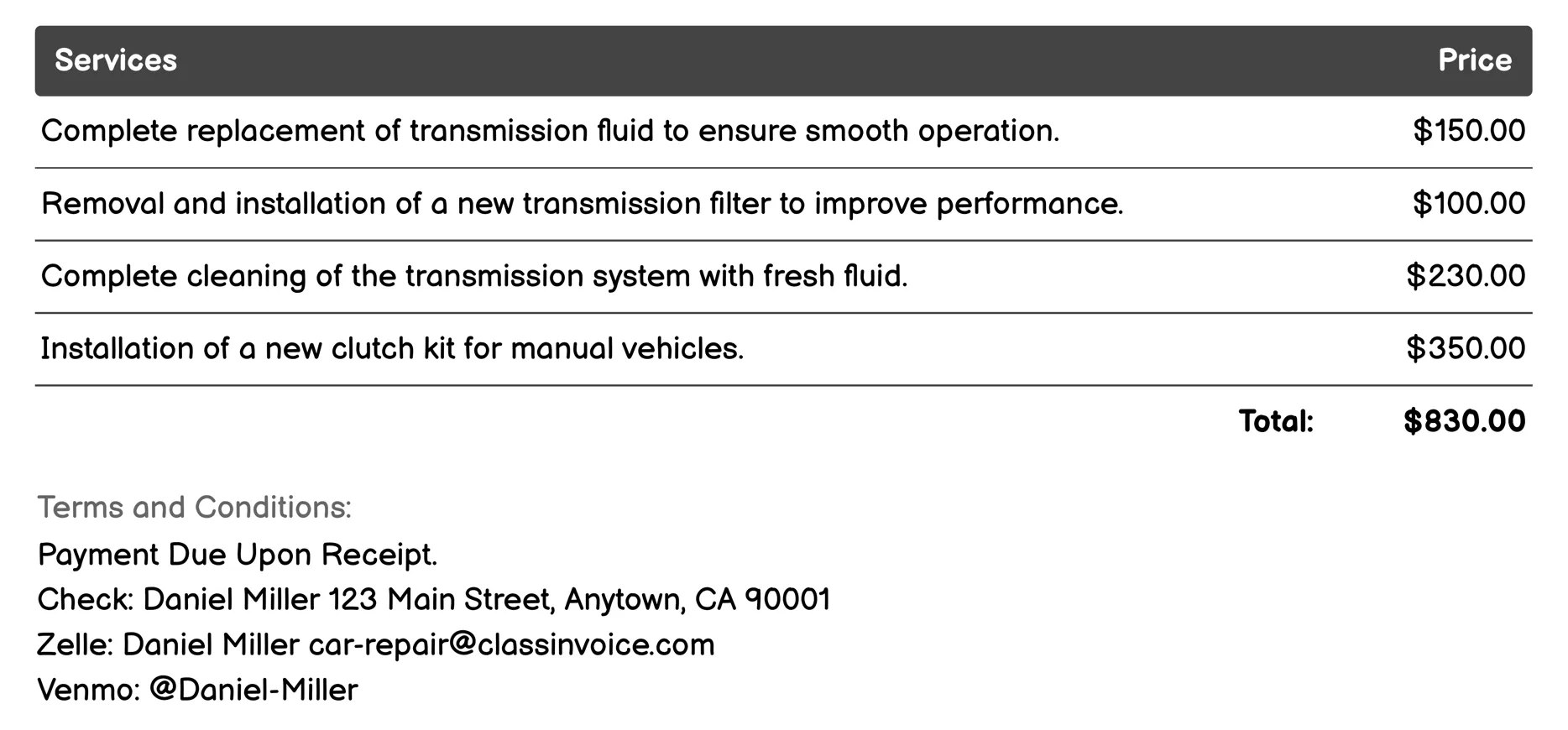 Transmission Service Invoice Example