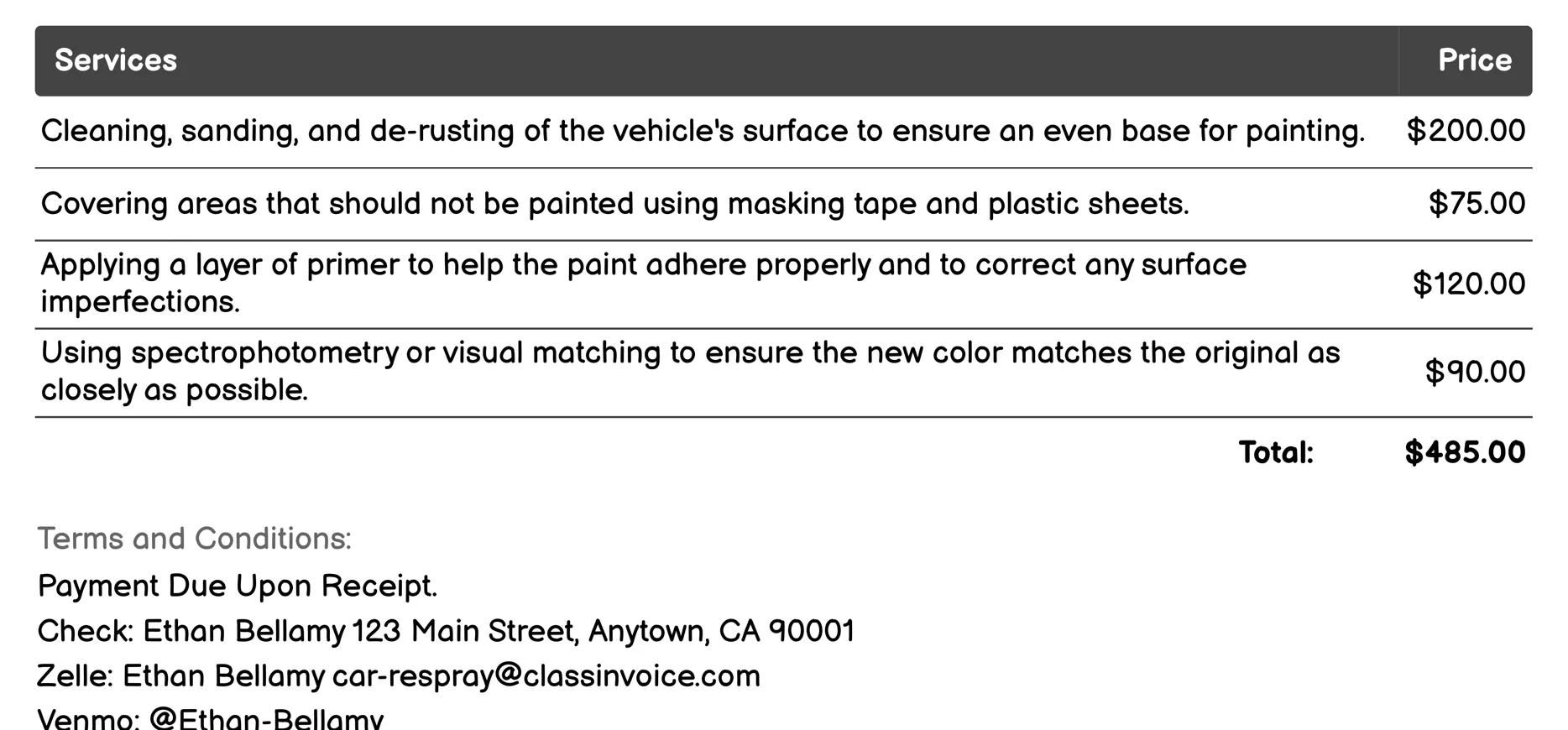 Color Correction Invoice Example