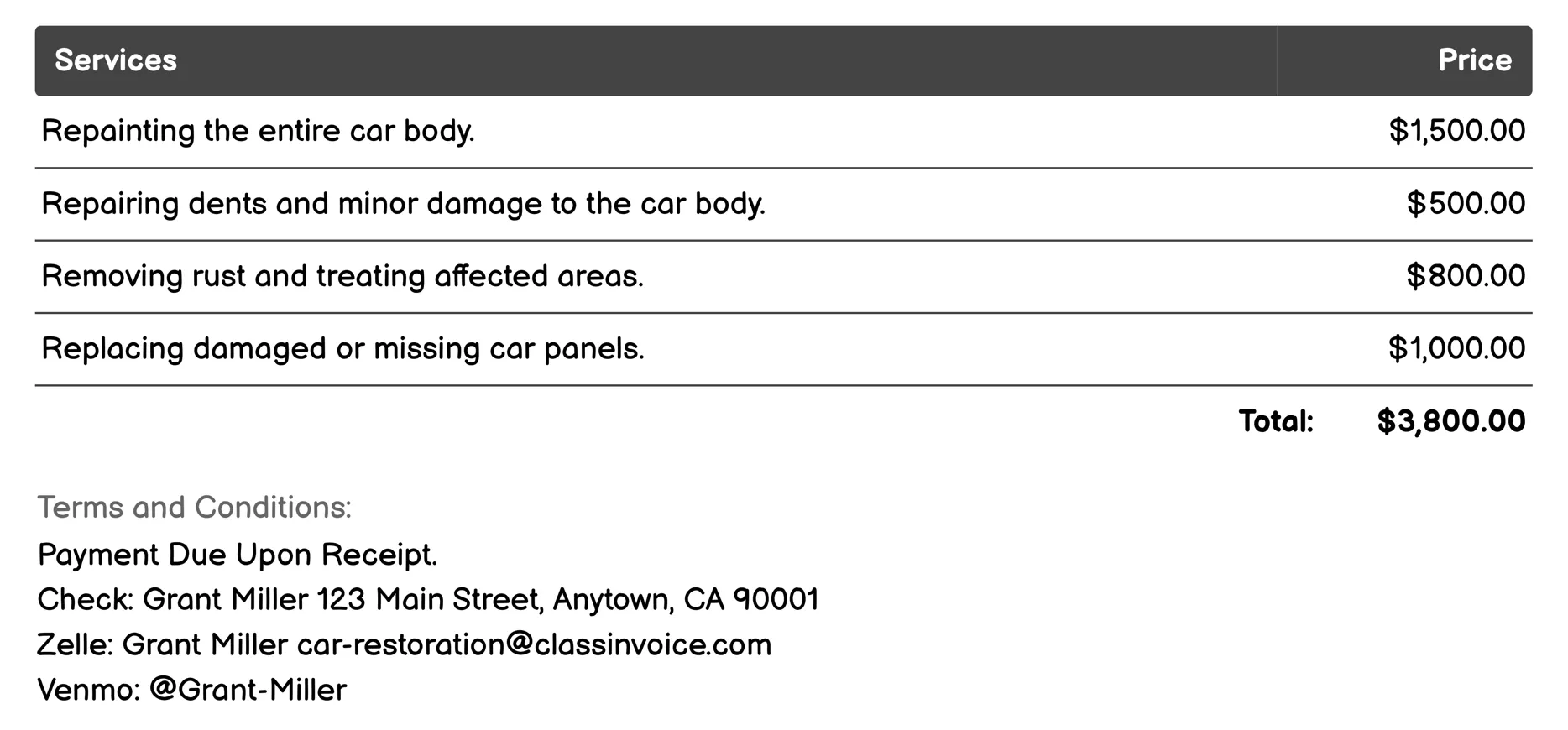 Bodywork Repair Invoice Example