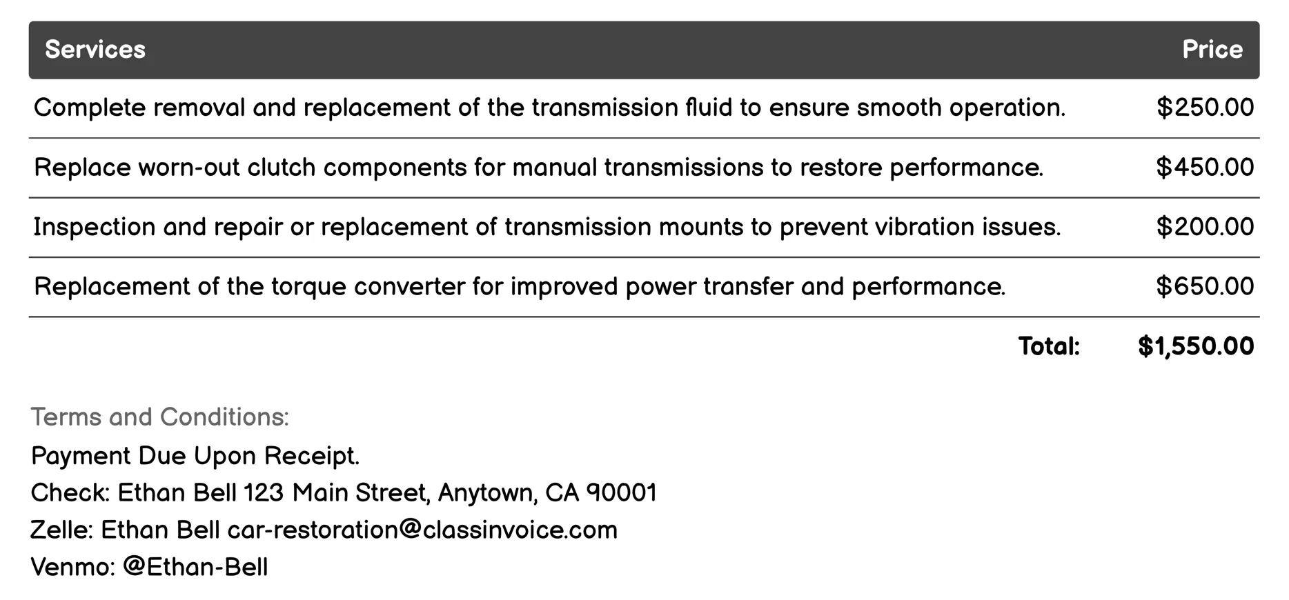 Transmission Repair Invoice Example