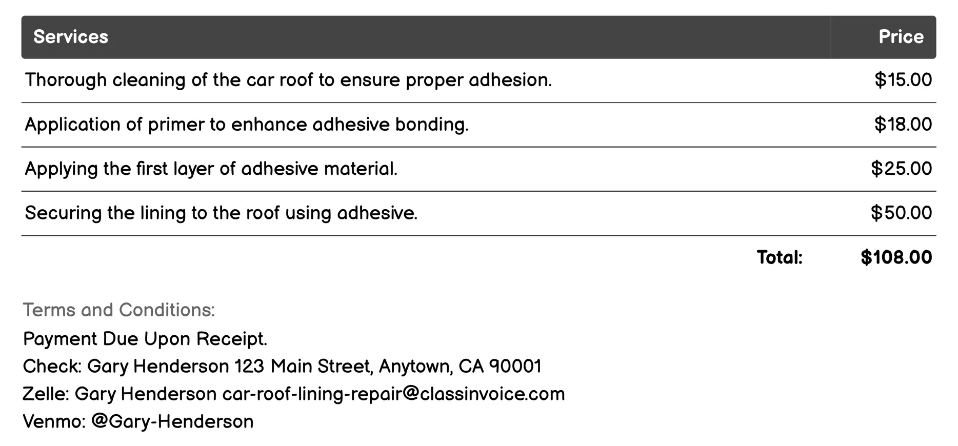 Adhesive Application Invoice Example
