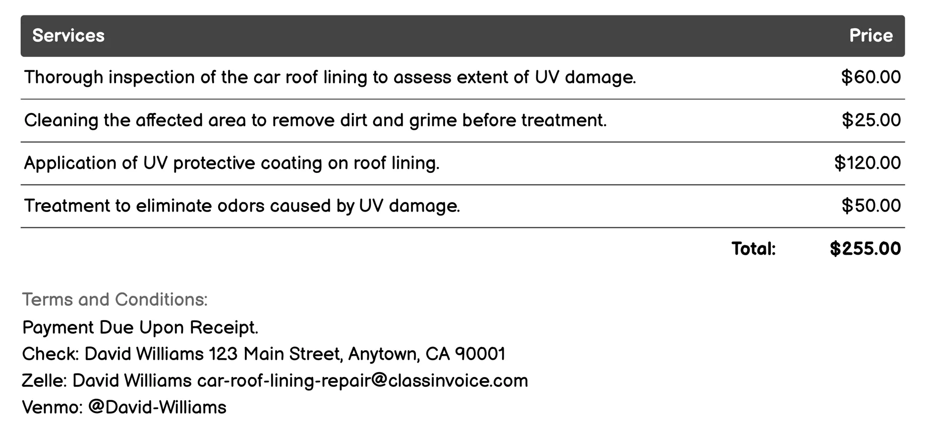 UV Damage Treatment Invoice Example